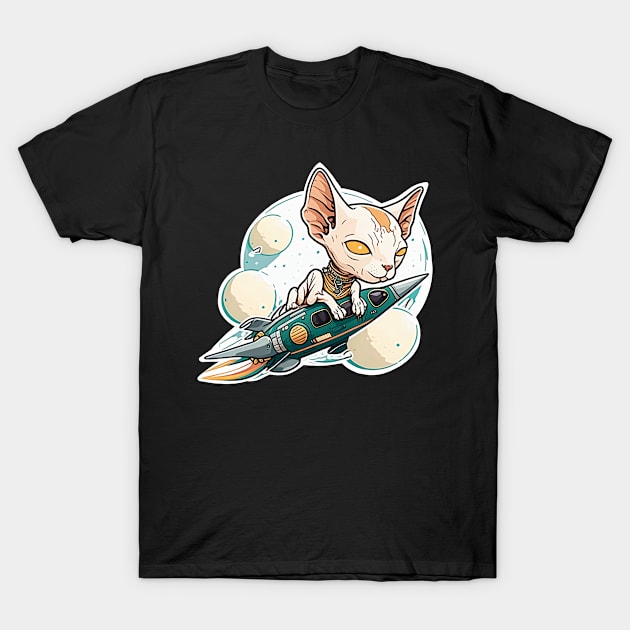 Sphinx cat rides a rocket in space T-Shirt by ro83land